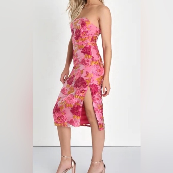 Lulus Upgraded Event Pink Jacquard Strapless Bustier Midi Dress  Large NWT - Picture 2 of 14